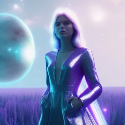 A portrait of a crystalline girl,smiling, longs blond hairs, galactic dress, atmospheric, realistic, cinematic lighting, octane render, purple and blue sky, nebula, stars, planets, spaceship