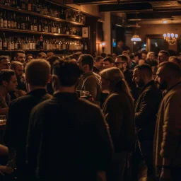 a crowded bar at night, lots of people, focus on a lonely person against the wall