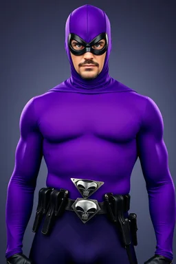 full-length, A portrait of a the Phantom, a man with piercing blue eyes, a chiseled jaw, goatee, timeless face, stern expression, Wearing a skintight formfitting purple cotton hero suit with a skintight cowl with a widows peak that fits tight to his head, but does not cover his face, he wears a thin, black leather, bandit eye disguise over his eyes, black and blue diagonally striped trunks, dual-holstered pistol belt adorned with a triangle skull-shaped buckle with leg straps, knee-high boots
