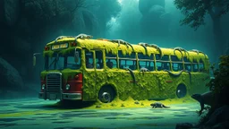 Surreal concept art, a bus covered in vibrant green algae with reptiles crawling on it, contrast between nature and man-made object, detailed textures and lighting, by Alex Andreev, trending on Artstation