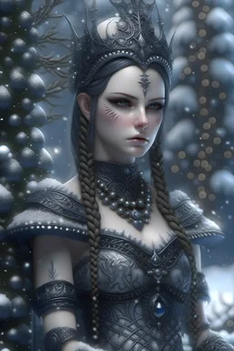 A beautiful decadent goth Warrior Princess t portrait, in front of a snow covered christmas tree, christmas decadent goth metallic filigree ornaments embossed foral mineral stone ribbed christmas ornaments organic bio spinal ribbed detail of bokeh christmas lights background extremely detailed maximálist hyperrealistic concept art