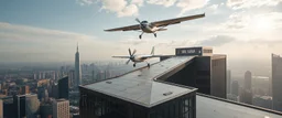 a skyscraper ramp branches so that small aircraft can take off from the roof