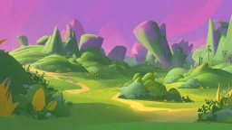 fantasy cartoon illustration: a green hill full of small shrubs