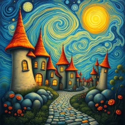 A whimsical fantasy painting inspired by Van Gogh's swirling style, depicting an enchanting magical village with organic, mushroom-like towers topped with vibrant orange and reddish conical roofs. Curved walls and glowing windows radiate warmth and life. The dramatic sky swirls with deep blues and bright yellows, featuring two radiant celestial bodies casting golden light. Spiral motifs and flowing curvilinear elements fill the composition, creating a dreamlike atmosphere. A cobblestone path in