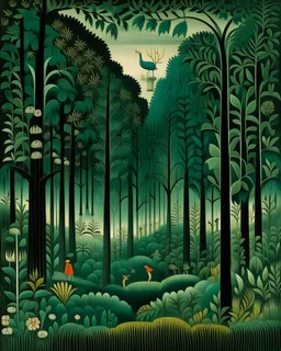 A blackish teal forest with a fairy kingdom designed in German folk art painted by Henri Rousseau