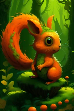 a round, pumpkin-like head with vibrant orange and yellow.eyes are large,alien's body is covered in soft, mossy green texture, One arm resembles a tree branch,the other is a fluffy squirrel tail. Their legs are a combination of vines and autumn leaves, allowing them to blend seamlessly into their woodland surroundings.