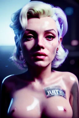 Ultra Realistic image, portrait, blonde woman, sweet Marylin Monroe face, perfect iris, glow eyes, glow makeup. Cyberpunk style, oversized transparent latex coat, yakuza tattoos body. fog, rain, soft color, highly detailed, unreal engine 5, ray tracing, RTX, lumen lighting, ultra detail, volumetric lighting, 3d, finely drawn, high definition, high resolution.