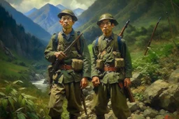 Japanese 1920 oil painting FEDRA from TLOU and the CRM from TWD but as Vietnam men soldiers in the mountains