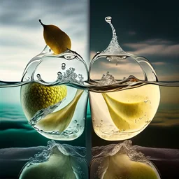 Beautiful double image by blending a windy sea and glass pears. The sea should serve as the primary background, skillfully incorporating its details into shiny glass pears, sharp focus, double exposure, shiny glass apple, (pear transparent glass shape) (sea inside) lifeless, dead, glass apple, earthy colors, decadence, complex design, ultra-realistic, high-definition, highly detailed, dark softbox image, ray tracing, cinematic, HDR, realistic (double exposure: 1.1)