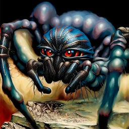 90's TCG fantasy artwork art of a mutant spider with blue eyes