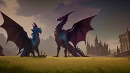 dragons in a field in front of the castle