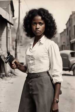 young 1870 dark-skinned kansas girl with black curly hair standing on the street and pointing a pistol straight at me