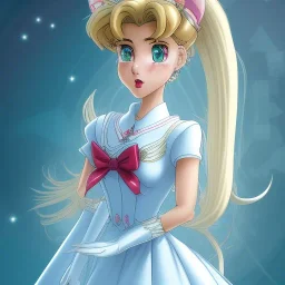 sailor moon con pelo largo i rubio, con traje blanco