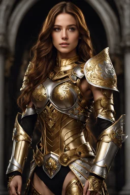 Photography,very beautiful girl,full body,looking front view,brown long hair, mechanical,delicate gold,silver metalic parts, golden parts, intricate armor, detailed part,Movie Still