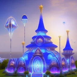 landscape of aztecan celestial blue temple ambient beutiful villa white gold and neon lights bright and blue bright gloss effect of a futuristic house,like spaceship, natural round shapes concept, large transparent view of the open outdoor garden,sea beach,blue sky , gold crystals,with light blue, flowers of Lotus, beutiful pools, light of sun , palmiers,cerisiers en fleurs, wisteria, sun , stars, small waterfalls