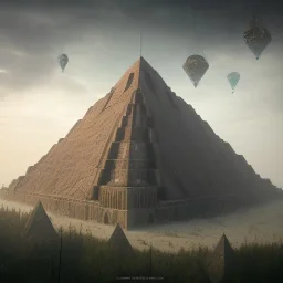 a old huge pyramid in the mountains with a tiny city around it, tilt shift, scary, steam punk, realistic, made in octane, cinematic, ultra-realistic, extremely detailed octane rendering, 8K, VRAY Super Real ar 2:3, dof photorealistic futuristic 50mm lens hard lighting dark gray tintype photograph, realistic lighting, sepia color