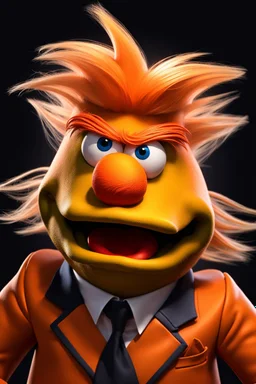 Waist up Angry muppet Portrait of Orange Donald J Trump as muppet doll, hair, president, photo studio, black background, unreal engine 5, concept art, art station, ray tracing, lumen lighting, ultra detail, volumetric lighting, 3d.