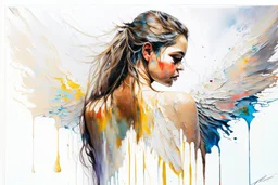 A detailed illustration of a beautiful young female human with growing out of her back. Her skin, hair and face are all made of paint. Her wings are spread. Highly detailed flawless facial features and eyes. Abstract Oil painting splash art. White background, wide angle, abstract design, beautiful, thick flowing paint strokes, dripping paint, fantasy art, modern art, ((soft happy complimentary colors,)) modern aesthetic, focused on the character, 4K resolution.