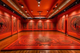 A salmon orange colored gym with a fighters' arena designed in Maori sculptures painted by Jackson Pollock
