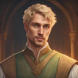 A handsome man blonde short hair green eyes wearing medieval white beige noble cloth at the medieval ceremony hall at night