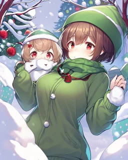 Girl with short brown hair, red eyes, green sweatshirt with a horizontal yellow stripe, he is wearing a Christmas hat, and in the background there are trees in the cold winter with lots of snow,