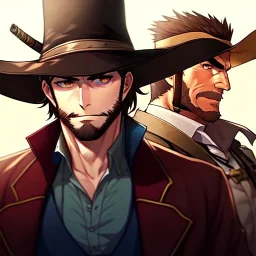 Portrait, Bearded, gunslinger, short brown hair, serious eyes, wild west Coat,