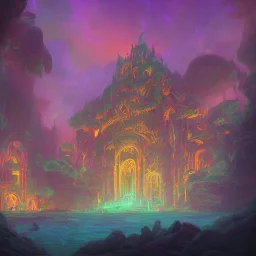 A large and ancient temple made of glowing fire and lava in the middle of a beautiful and large lake full of mermaids with beautiful rainbow-colored tails in the middle of a thick and green forest and surrounded by tall and sturdy trees, complete painting elements And with fine and detailed details, neon color and happy colors, crescent moon and many stars in the sky, painting view from afar, full HD, 8K, 16K, 24K