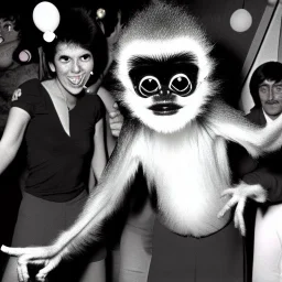 1980s photo of new year's party alien monkey with dancing happy