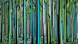 A mint colored forest with warped trees designed in pacific Northwest totem poles painted by Roy Lichtenstein