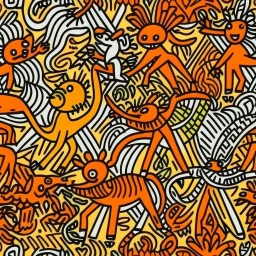 A light rosy orange savanna with animals painted by Keith Haring