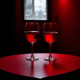 a table showing two wine glasses in a dark room, red hues