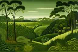 A green plain near a jungle painted by Henri Rousseau