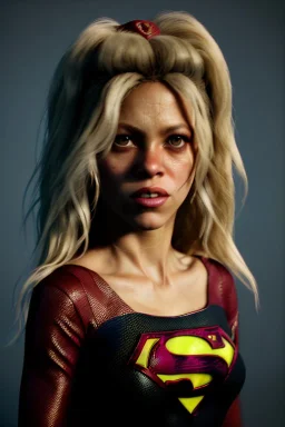 portrait, Shakira, make-up, angry, Realistic image, retro pop, 60s, supergirl, blood, sweat, fog, goddess. Black background, photo studio, concept art, smooth, unreal engine 5, god lights, ray tracing, RTX, lumen lighting, ultra detail, volumetric lighting, 3d, finely drawn, high definition, 4k.