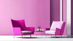 Viva Magenta contemporary minimalist interior with armchair, blank wall, coffee table and decor. 3d render illustration mockup.