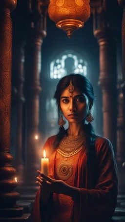 Shi Fi, a beautiful Indian ,in the temple holding a candle, atmospheric lighting effects, intricate industrial details, moody atmosphere, eerie grimdark ambiance, complex motherboard accents, speculative fiction art. Bokeh