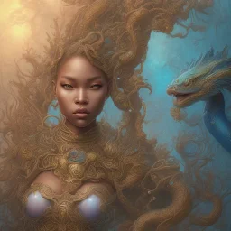 sango fantasy, fantasy magic, intricate, sharp focus, illustration, highly detailed, digital painting, concept art, matte, artgerm and paul lewin and kehinde wiley, masterpiece sexy lips Asian afro lips black African lady body mermaid blue Dragon head golden space lady sea under water mermaid pretty