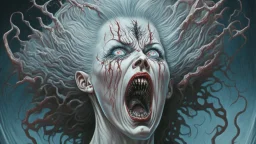 "The Wilhelm Scream of Imaginary Dead Wives" in the style of Michael Hussar and Walter Van Beirendoncks; features a ghostly figure of a woman with windblown crazy hair and mouth wide open in a scream, surrounded by intricate details such as twisted branches, ominous clouds, and hidden symbols. The image is meticulously crafted with an award-winning level of detail that invites the viewer to explore its mysterious depths.