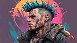 multicolored background, drawing, punk hooligan man, tattoo, high resolution, Artstation trends, fine details, 8K