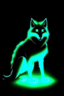 Super cool sleek, glowing, ghostly canine with mencaing glowing eyes In a dark room. It sits alone staring straightly and deeply at us, it has a painted-anime style.
