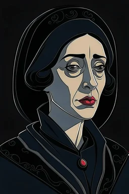 A portrait of a 40-years old beautiful aristocrat woman from XV century in strict dark clothes, authoritative, cold, emotionless, in the style of Genndy Tartakovsky's cartoons, uncovered head