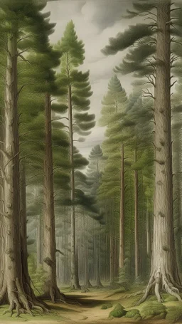 A grayish green forest with giant trees painted by Albrecht Durer