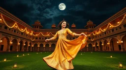 Hyper Realistic Beautiful Young Pashto Woman Wearing A Golden Silk Frock With Detailed Golden Embroidery & Beads Work On It Happily Swirling Inside The Beautiful Courtyard Of A Traditional Mughal Fort Decorated With Lots Of Garland Lights And Traditional Pakistani Lamps Surrounding The Courtyard At Dark Beautiful Night With Cloudy Full Moon And Lots Of Stars On Sky On A Green Grass Showing Dramatic And Cinematic Ambiance.