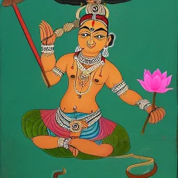 cow with hands and wings holding a lotus and sword in Indian painting style