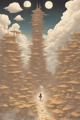 John Austen, Vilhelm Bjerke-Petersen, Surreal, mysterious, bizarre, fantastical, fantasy, sci-fi, Japanese anime, a gigantic tower of building blocks, piercing the clouds that can reach the moon, small flying boats flying around in the air, a beautiful girl in a miniskirt looking up from the ground, derailed masterpiece