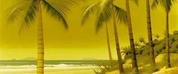 A golden yellow summer seashore with palm trees painted by John Brack