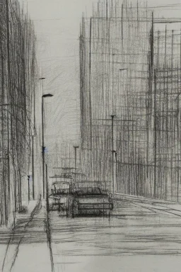 Pencil sketch of A car stops on an empty street, a traffic light, It's raining hard, night , houses on the side ، on lined paper