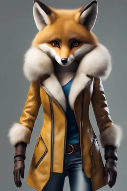female anthropomorphic fox with, brown white fur, yellow leather jacket, blue pants, realistic, medieval, gritty