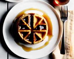 Round waffles with maple syrup plate, fork