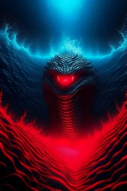 Fantasy art: one high evil water wave with evil red scary eyes is rolling toward us