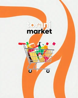A beautiful design with a shopping cart in the middle filled with supermarket products on an orange, red, and white background and a special, amazing, and eye-catching design with the words (toranj plus market) at the top of the image as a logo.